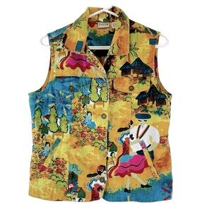 Vintage Chico's Vest Linen Cotton Fiesta Scenery Colorful Size 8 / M